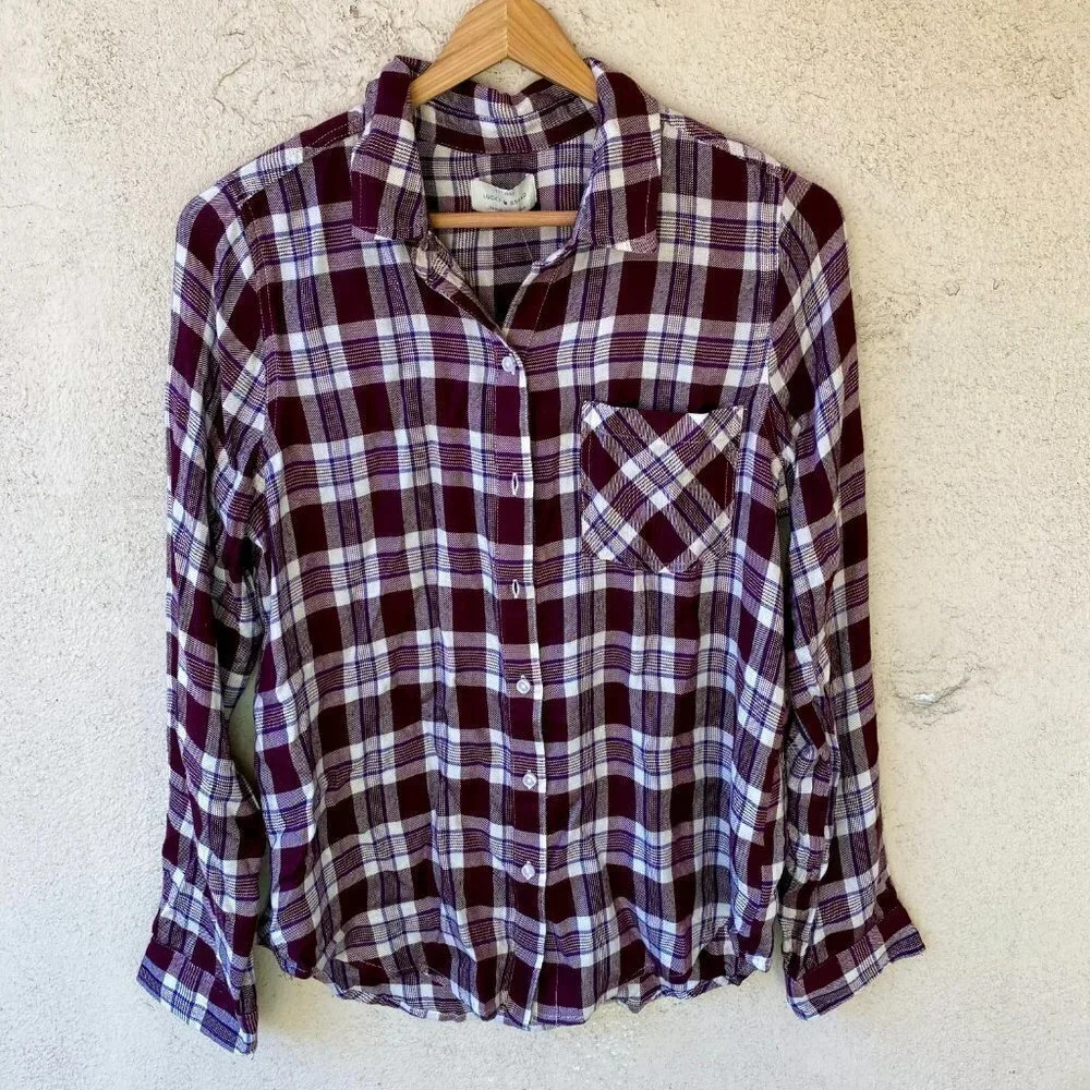NWT Lucky Brand Maroon Plaid Button Up Top Small